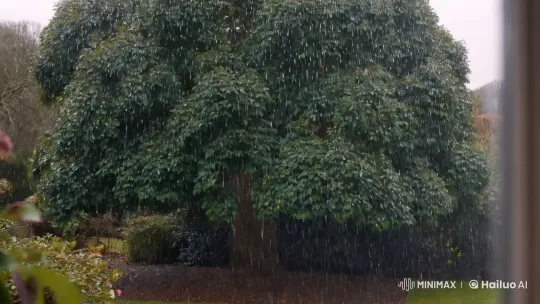 Rainy Serenity: Majestic Tree Captured in Shimmering Light – AI Generated Video | Hailuo AI