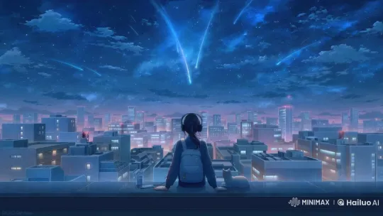 Girl on Rooftop gazes at Starry Night Sky – AI Generated Video | Hailuo AI
