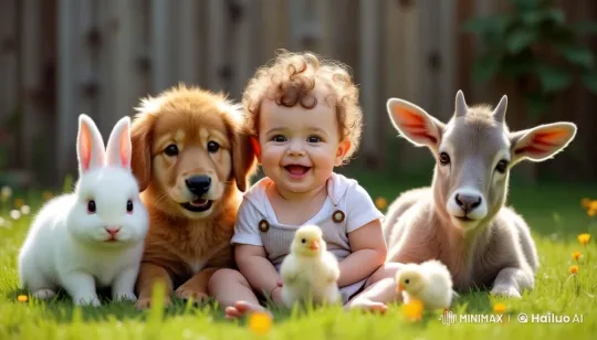 Baby and Animals Celebrate in Animated Backyard Scene – AI Generated Video | Hailuo AI