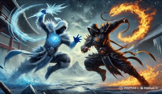 Intense Mountain Duel: Frost vs. Flame Warriors – AI Generated Video | Hailuo AI