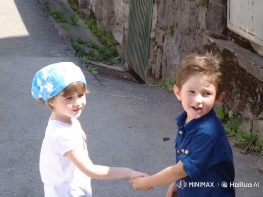Children Share Affection in Sunlit Alley – AI Generated Video | Hailuo AI