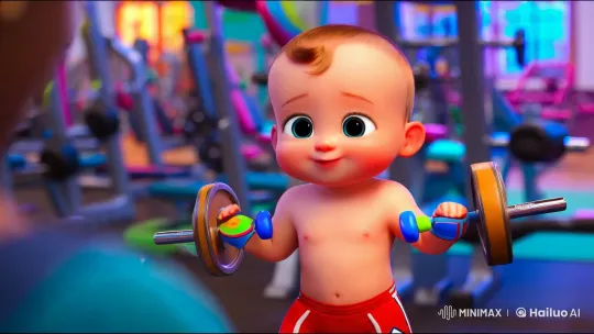Muscular Anime Baby Showcases Strength in Colorful Gym Scene – AI Generated Video | Hailuo AI
