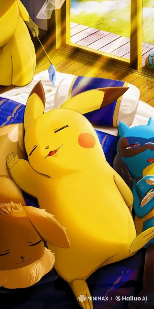 Peaceful Slumber: Pikachu, Eevee, and Lucario Resting – AI Generated Video | Hailuo AI