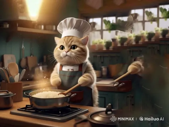 Cute Cat Chef Cooks Rice in Rustic Kitchen – AI Generated Video | Hailuo AI