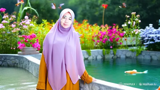 Graceful Woman in Hijab by Koi Pond with Vibrant Flora – AI Generated Video | Hailuo AI