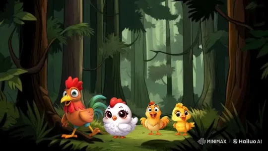 Chickens Reunite Joyfully in Peaceful Forest Setting – AI Generated Video | Hailuo AI