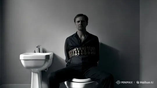 Contemplative Man on Toilet with Suicide Belt – AI Generated Video | Hailuo AI