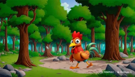 Colorful Rooster Searches for Chicks in Lush Forest – AI Generated Video | Hailuo AI