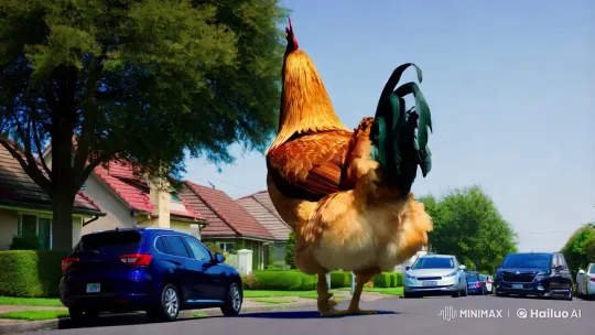Colossal Chicken Strolls Through Suburban Street – AI Generated Video | Hailuo AI
