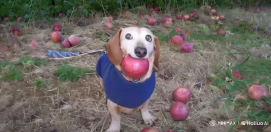 Dog in Blue Sweater Battles Pikachu in Apple Orchard – AI Generated Video | Hailuo AI