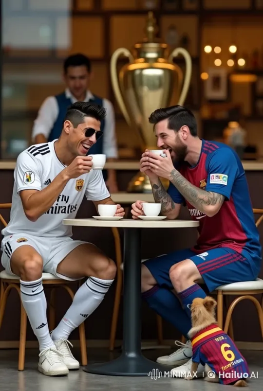 Ronaldo and Messi: Coffee Chat with Trophy and Dog – AI Generated Video | Hailuo AI