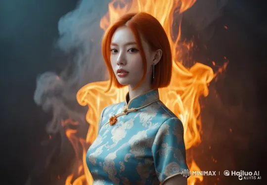 Redheaded Woman Calm Amid Intensifying Flames – AI Generated Video | Hailuo AI
