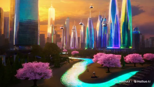 Futuristic Twilight Cityscape with Cherry Blossoms and Holographic Rivers – AI Generated Video | Hailuo AI