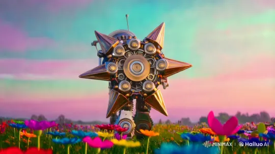 Charming Star-Shaped Robot in Rainbow Meadow with Pastel Sky – AI Generated Video | Hailuo AI