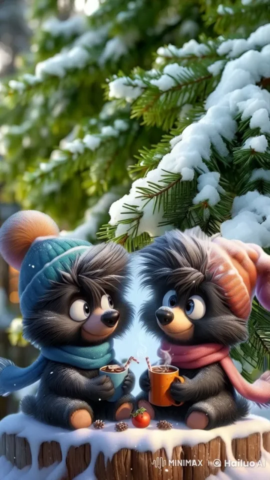 Cozy Winter Bears Enjoy Coffee in Snowy Forest – AI Generated Video | Hailuo AI