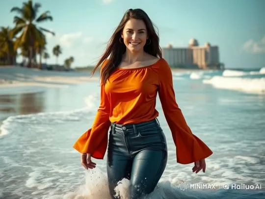 Young Woman in Orange Blouse at Vibrant Beach – AI Generated Video | Hailuo AI