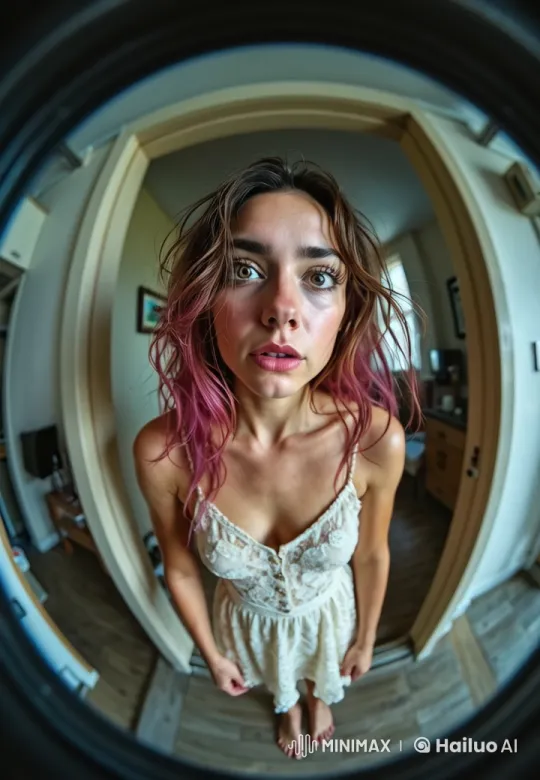 Woman's Transition from Home to Street in Fisheye Lens – AI Generated Video | Hailuo AI