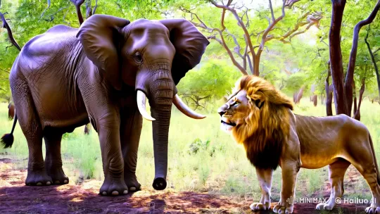 Unexpected Harmony: Elephant and Lion in Serene Forest – AI Generated Video | Hailuo AI