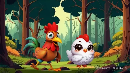 Rooster and Hen Search for Missing Chicks in Forest – AI Generated Video | Hailuo AI