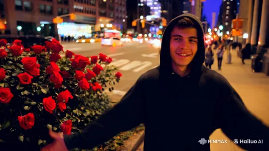 Young Man Embraces Night in NYC, Rose by His Side – AI Generated Video | Hailuo AI