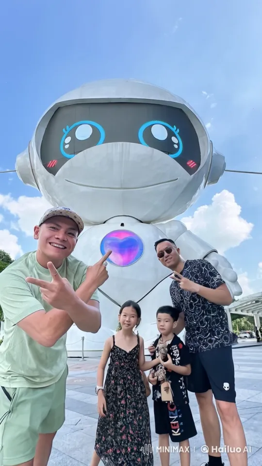 Family Practicing Kung Fu in Front of Robot Statue – AI Generated Video | Hailuo AI