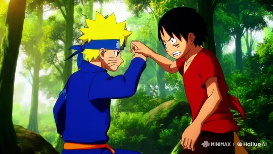 Naruto vs. Luffy: Intense Battle in a Lush Forest – AI Generated Video | Hailuo AI