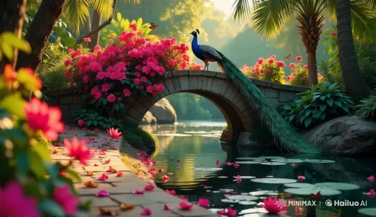 Peaceful Garden: Majestic Peacock Amidst Blooms and Butterflies – AI Generated Video | Hailuo AI