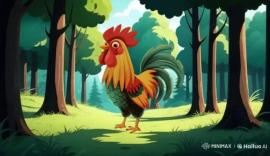 Colorful Rooster Crows in Sunlit Forest Clearing – AI Generated Video | Hailuo AI
