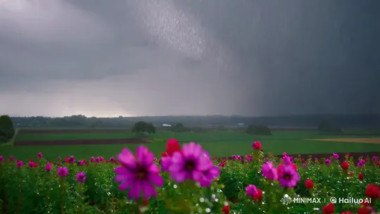 Rainy Serenity: Vibrant Flowers Amidst Slow Motion Storm – AI Generated Video | Hailuo AI