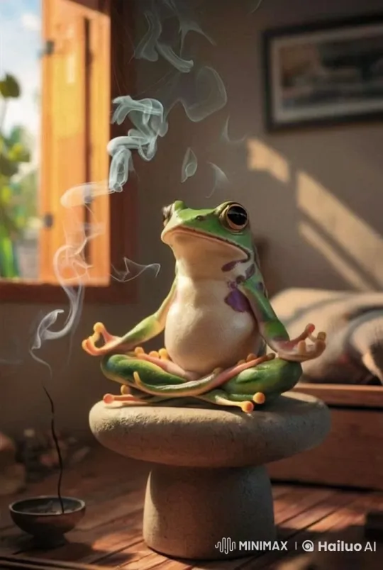 Frog Meditates in Tranquil Light, Transitions to Coffee Fantasy Voyage – AI Generated Video | Hailuo AI