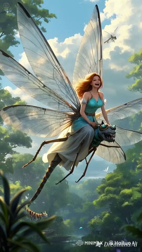 Woman and Dragonfly Soar Over Enchanted Forest – AI Generated Video | Hailuo AI