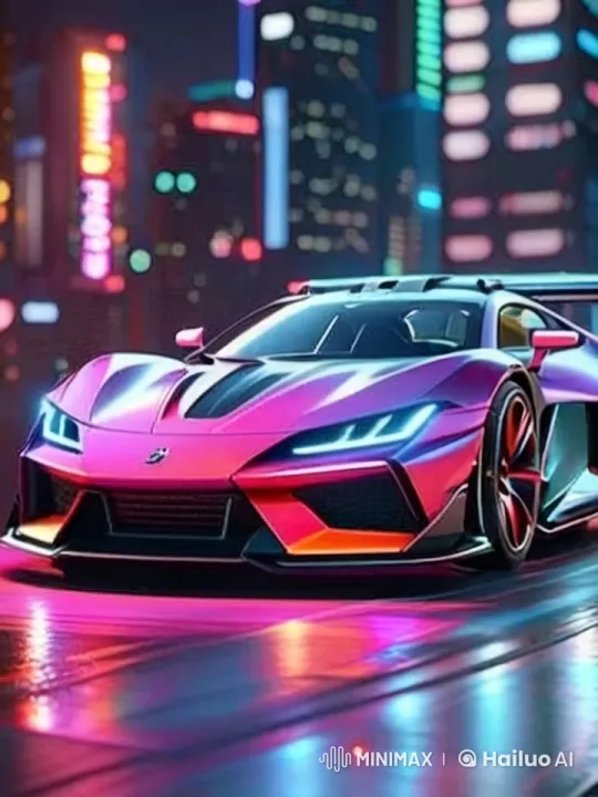 Futuristic Cityscape with Floating Neon Sports Car – AI Generated Video | Hailuo AI