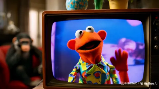 Muppet and Chimpanzee in Whimsical, Dimly Lit Scene – AI Generated Video | Hailuo AI