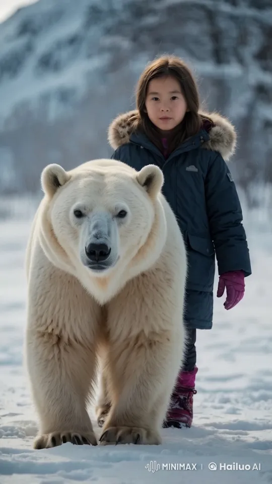 Girl Walks with Polar Bear in Snowy Wilderness – AI Generated Video | Hailuo AI