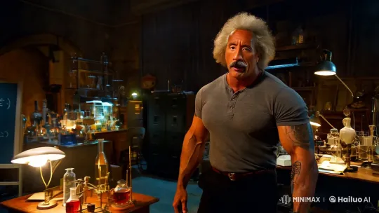 The Rock Portrays Einstein in Cinematic, Humorous 4K Scene – AI Generated Video | Hailuo AI