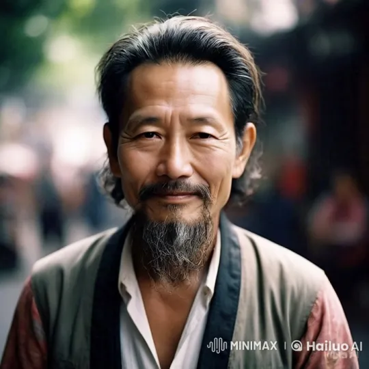 Middle-aged Man in Traditional Attire Amidst Urban Bustle – AI Generated Video | Hailuo AI