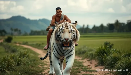 Muscular Person Rides White Tiger Through Lush Fields – AI Generated Video | Hailuo AI
