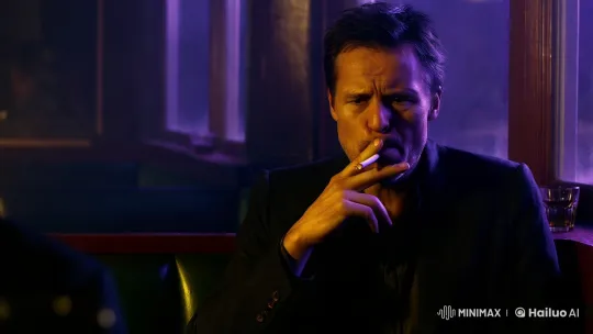 Noir Bar Scene: Man Smokes, Nods in Subtle Frustration – AI Generated Video | Hailuo AI