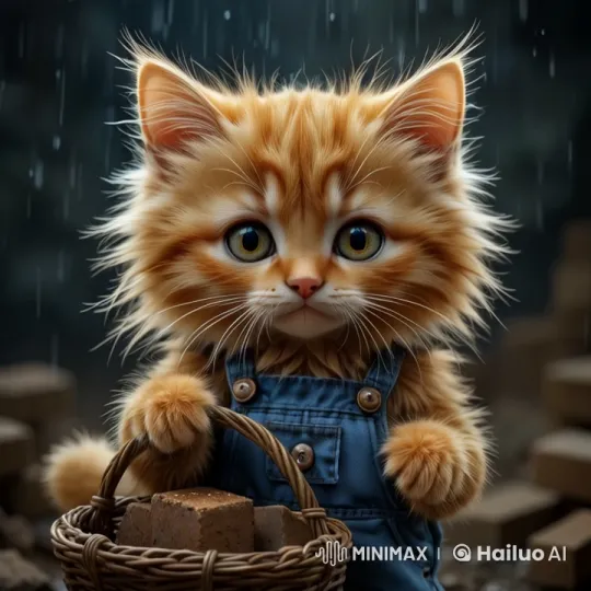 Fluffy Kitten Works in Rainy Construction Site – AI Generated Video | Hailuo AI