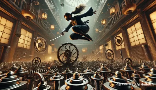 Warrior Navigates Mechanical Maze with Agility – AI Generated Video | Hailuo AI