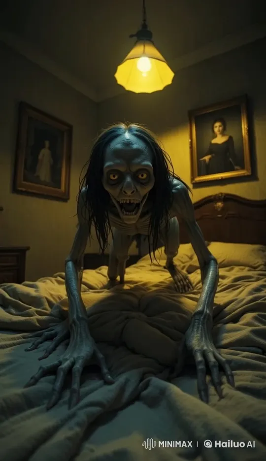 Mysterious Creature Perched on Bed in Dimly Lit Room – AI Generated Video | Hailuo AI
