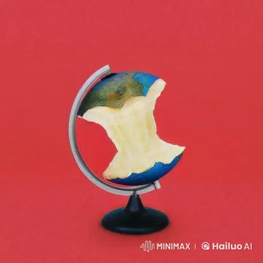 Creative Animation: Rotating 'Apple-Core' Globe on Red Background – AI Generated Video | Hailuo AI