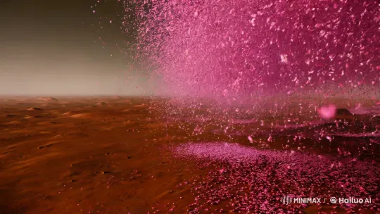 Martian Landscape Blanketed in Falling Pink Flowers – AI Generated Video | Hailuo AI