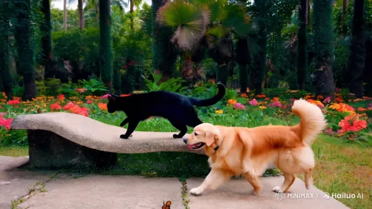 Cat and Dog in a Lush Garden Paradise – AI Generated Video | Hailuo AI