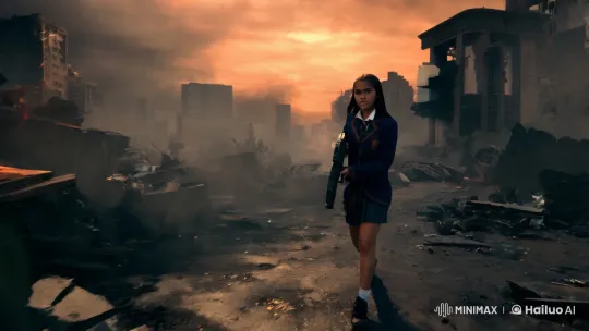 Teen Girl Prepares for Battle in Post-Apocalyptic School Setting – AI Generated Video | Hailuo AI