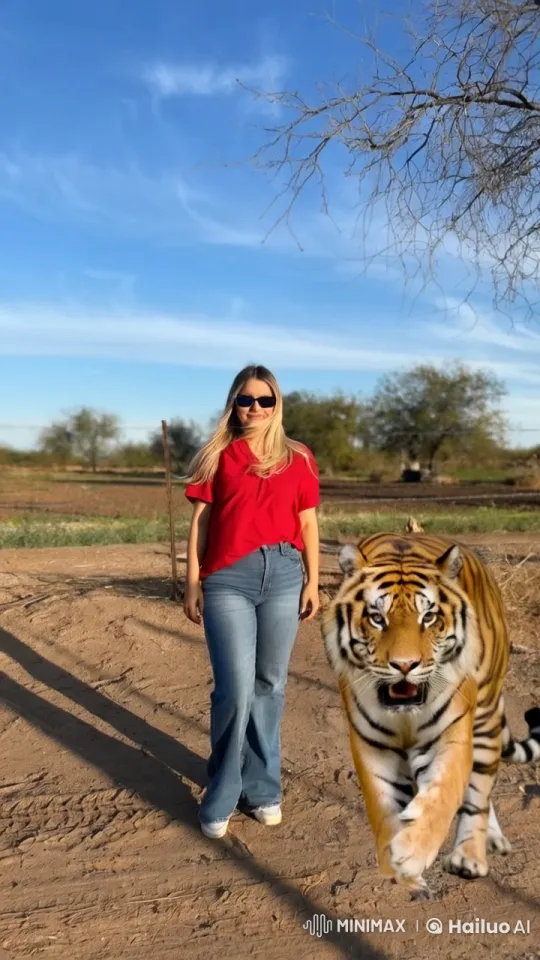 Woman Embraces Majestic Tiger on Dirt Path – AI Generated Video | Hailuo AI