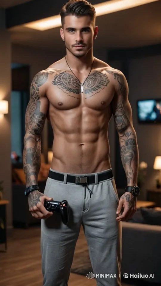 Tattooed Man in Seductive Gaming Controller Pose – AI Generated Video | Hailuo AI