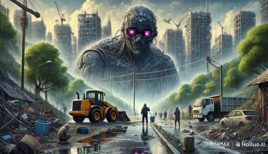 Dystopian Robot Advances in Rainy Apocalypse – AI Generated Video | Hailuo AI