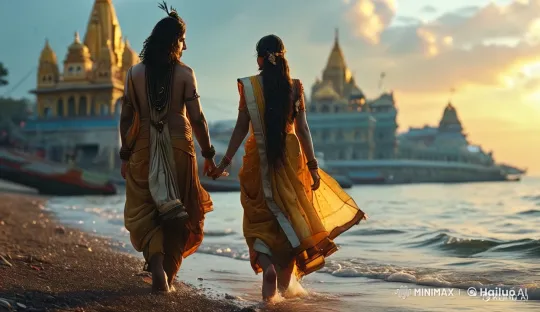 Romantic Stroll on a Sunlit Beach with Temple Background – AI Generated Video | Hailuo AI