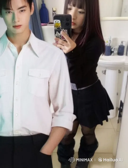 Couple Takes Selfie and Exchanges Kisses in Bathroom – AI Generated Video | Hailuo AI